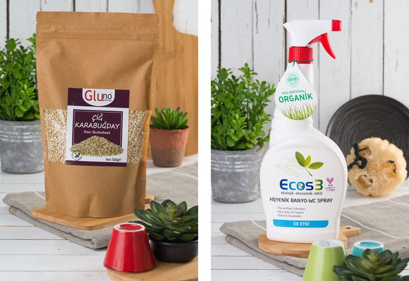 Gluno glutensiz çiğ karabuğday paketi ve Ecos3 organik sertifikalı hijyenik banyo temizleme spreyi.