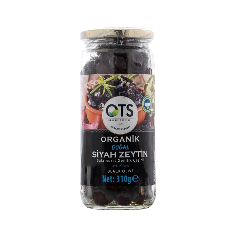Beyaz fonda OTS Organik salamura Gemlik çeşidi doğal siyah zeytin 310 gramlık cam kavanoz ambalajı.