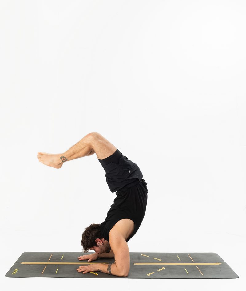 İzmir stüdyo fonunda erkek eğitmenin ön kollar üzerinde akrep duruşu sergilediği Kentli Gurular yoga fotoğraf çekimi.