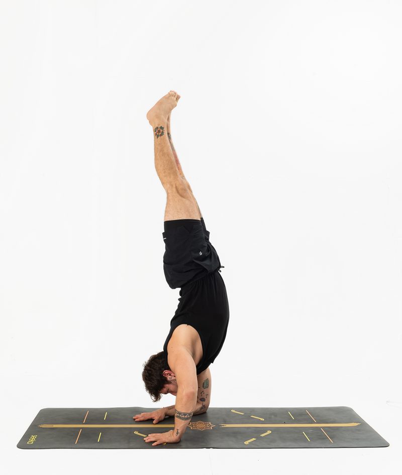 İzmir stüdyo zemininde erkek eğitmenin ön kollar üzerinde dikey ters duruş yaptığı Kentli Gurular yoga fotoğraf çekimi.